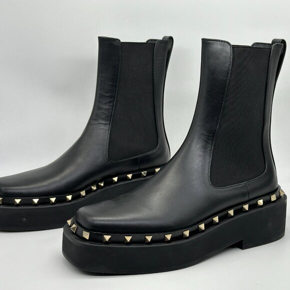 Valentino Rockstud Studded M-Way Chelsea Beatle Leather Ankle Bootie Boots - Picture 9 of 16